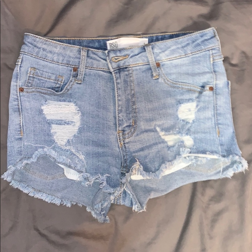 Light wash jean shorts.